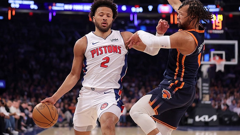 Feb 26, 2024; New York, New York, USA; Detroit Pistons guard Cade Cunningham (2) brings the ball up court against New York Knicks guard Jalen Brunson (11) during the first quarter at Madison Square Garden. Mandatory Credit: Brad Penner-USA TODAY Sports