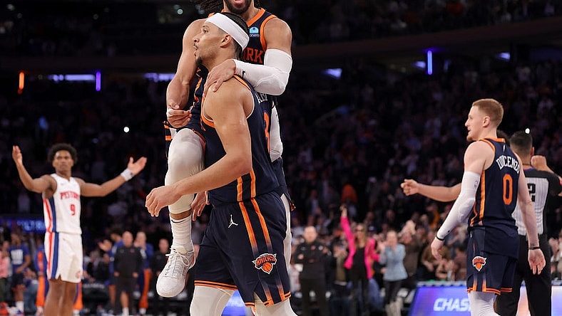 Feb 26, 2024; New York, New York, USA; New York Knicks guard Jalen Brunson (11) celebrates with guard Josh Hart (3) during the fourth quarter against the Detroit Pistons at Madison Square Garden. Mandatory Credit: Brad Penner-USA TODAY Sports