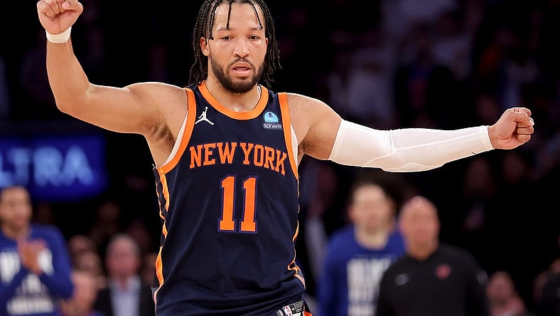 Feb 26, 2024; New York, New York, USA; New York Knicks guard Jalen Brunson (11) reacts during the fourth quarter against the Detroit Pistons at Madison Square Garden. Mandatory Credit: Brad Penner-USA TODAY Sports
