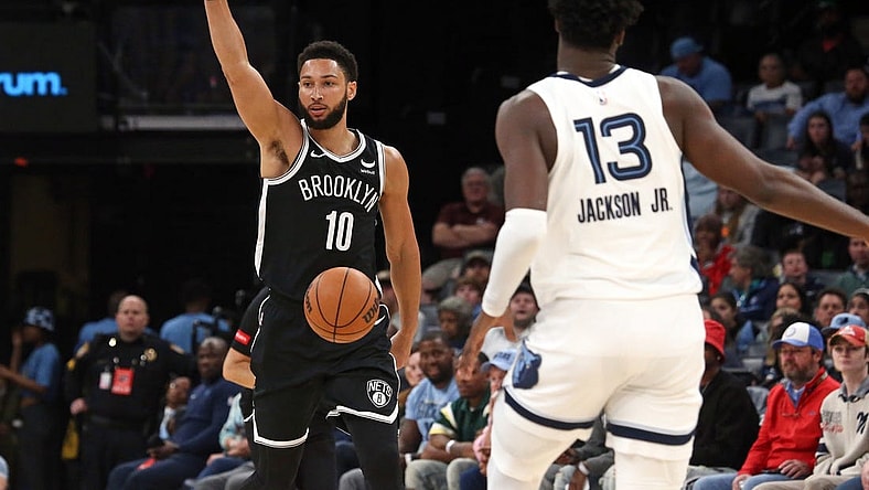 Feb 26, 2024; Memphis, Tennessee, USA; Brooklyn Nets guard Ben Simmons (10) gives direction as he brings the ball up the court during the second half against the Memphis Grizzlies at FedExForum. Mandatory Credit: Petre Thomas-USA TODAY Sports