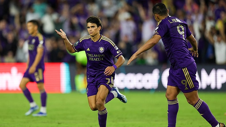 Feb 27, 2024; Orlando, FL, USA;  Orlando City forward Ramiro Enrique (7) celebrates after scoring a goal agaisnt Cavalry FC in the second half during a Concacaf Champions Cup match at Inter&Co Stadium. Mandatory Credit: Nathan Ray Seebeck-USA TODAY Sports