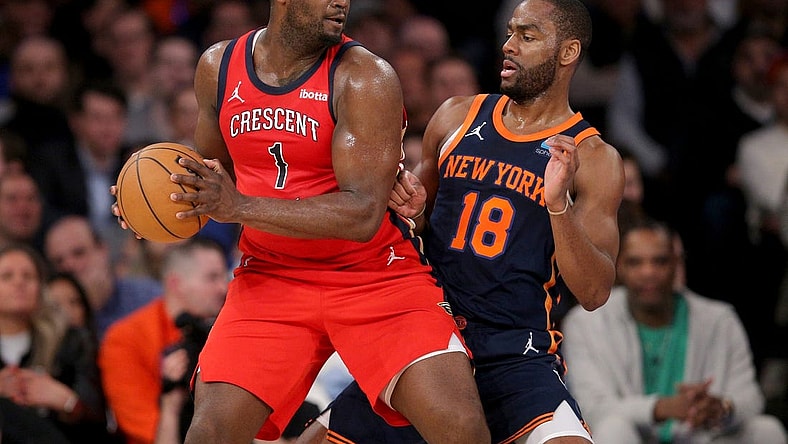 Feb 27, 2024; New York, New York, USA; New Orleans Pelicans forward Zion Williamson (1) controls the ball against New York Knicks guard Alec Burks (18) during the second quarter at Madison Square Garden. Mandatory Credit: Brad Penner-USA TODAY Sports