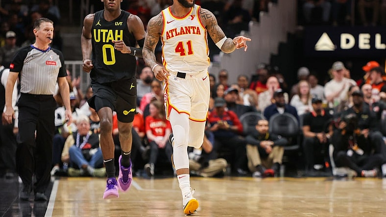 Feb 27, 2024; Atlanta, Georgia, USA; Atlanta Hawks forward Saddiq Bey (41) reacts after a basket against the Utah Jazz in the second half at State Farm Arena. Mandatory Credit: Brett Davis-USA TODAY Sports