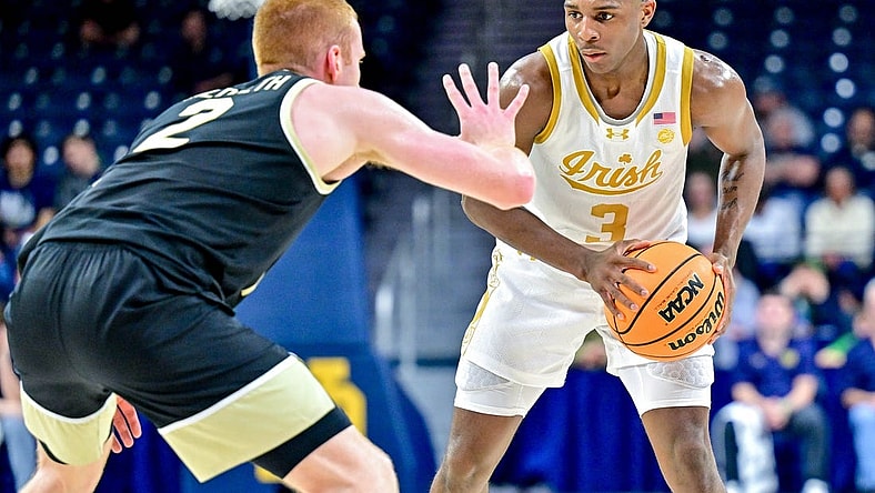 Feb 27, 2024; South Bend, Indiana, USA; Notre Dame Fighting Irish guard Markus Burton (3) holds the ball as Wake Forest Demon Deacons guard Cameron Hildreth (2) defends in the first half at the Purcell Pavilion. Mandatory Credit: Matt Cashore-USA TODAY Sports