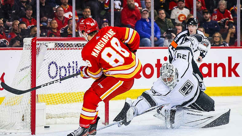 Feb 27, 2024; Calgary, Alberta, CAN; Calgary Flames left wing Andrew Mangiapane (88) scores a goal against Los Angeles Kings goaltender Cam Talbot (39) during the second period at Scotiabank Saddledome. Mandatory Credit: Sergei Belski-USA TODAY Sports