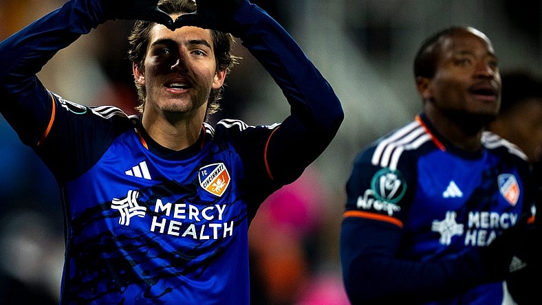 FC Cincinnati midfielder Gerardo Valenzuela (22) celebrates after scoring a goal in the second half of the MLS match between the FC Cincinnati and the Cavalier FC at TQL Stadium in Cincinnati on Wednesday, Feb. 28, 2024.