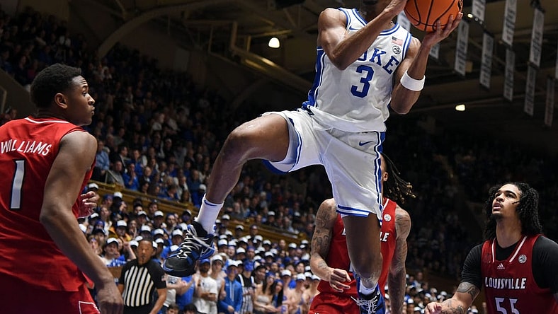 Feb 28, 2024; Durham, North Carolina, USA; Duke Blue Devils guard Jeremy Roach (3) drives to the basket during the second half against the Louisville Cardinals at Cameron Indoor Stadium.  Mandatory Credit: Rob Kinnan-USA TODAY Sports