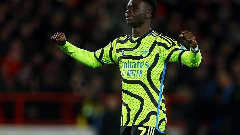 Soccer Football - Premier League - Nottingham Forest v Arsenal - The City Ground, Nottingham, Britain - January 30, 2024 Arsenal's Bukayo Saka celebrates scoring their second goal Action Images via Reuters/Lee Smith