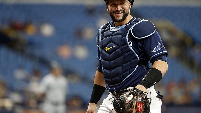 Aug 4, 2021; St. Petersburg, Florida, USA;  Tampa Bay Rays catcher Mike Zunino (10) smiles during the second inning against the Seattle Mariners at Tropicana Field. Mandatory Credit: Kim Klement-USA TODAY Sports
