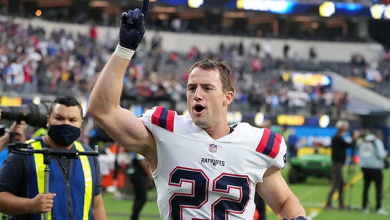 Oct 31, 2021; Inglewood, California, USA;New England Patriots defensive back Cody Davis (22) reacts after the game against the Los Angeles Chargers at SoFi Stadium. The Patriots defeated the Chargers 27-24. Mandatory Credit: Kirby Lee-USA TODAY Sports