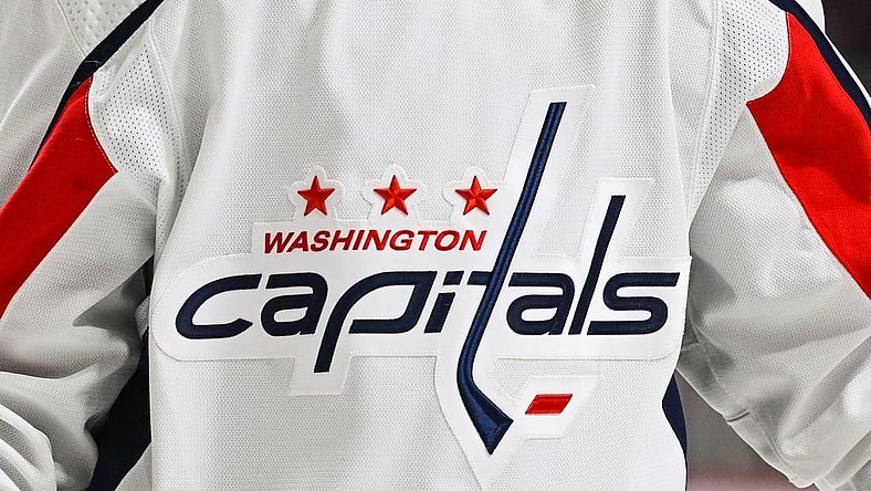 Feb 10, 2022; Montreal, Quebec, CAN; A view of the Washington Capitals logo worn by a member of the team during the second period at Bell Centre. Mandatory Credit: David Kirouac-USA TODAY Sports