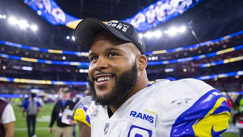 Feb 13, 2022; Inglewood, CA, USA; Los Angeles Rams defensive tackle Aaron Donald (99) celebrates after defeating the Cincinnati Bengals during Super Bowl LVI at SoFi Stadium. Mandatory Credit: Mark J. Rebilas-USA TODAY Sports
