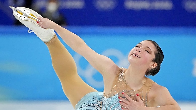 Feb 17, 2022; Beijing, China; Alysa Liu (USA) in the womens figure skating free program during the Beijing 2022 Olympic Winter Games at Capital Indoor Stadium. Mandatory Credit: Robert Deutsch-USA TODAY Sports