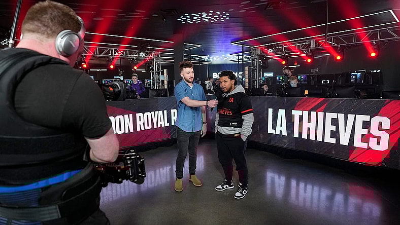 As part of the livestream, stage host Josiah Berry interviews Kenneth "Kenny" Williams following their team win over the London Royal Ravens during the Call of Duty League Pro-Am Classic esports tournament at Belong Gaming Arena in Columbus on May 6, 2022.

Call Of Duty Esports Tournament