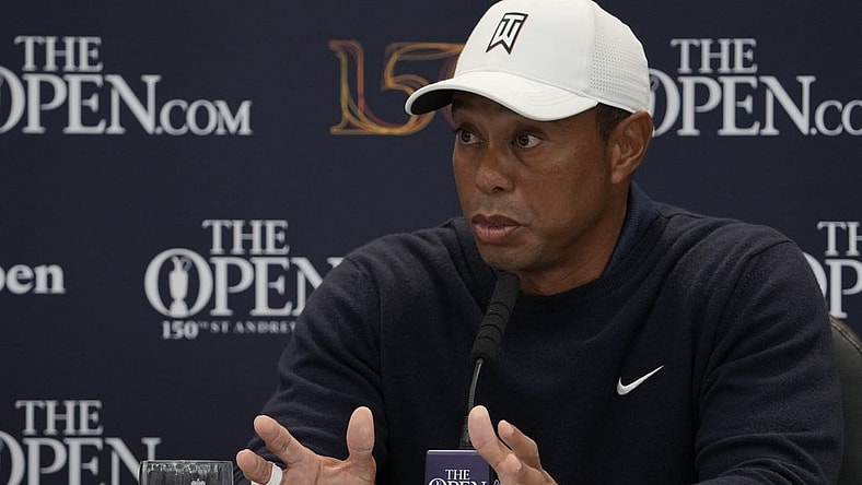 Jul 12, 2022; St. Andrews, Fife, SCT; Tiger Woods talks with the media during a press conference prior to the 150th Open Championship golf tournament at St. Andrews Old Course. Mandatory Credit: Michael Madrid-USA TODAY Sports