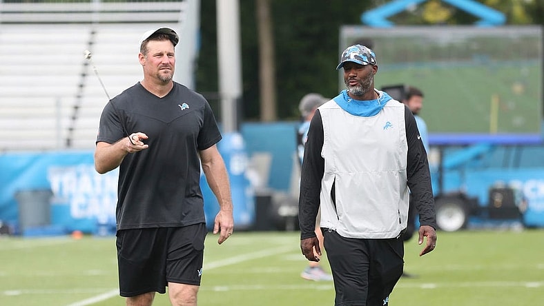 Detroit Lions GM Brad Holmes and head coach Dan Campbell walk off the field after practice Thursday, July 28, 2022 at the Allen Park practice facility.
Lions1
