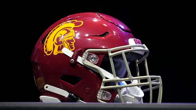 Jul 29, 2022; Los Angeles, CA, USA; A detailed view of Southern California Trojans helmet during Pac-12 Media Day at Novo Theater. Mandatory Credit: Kirby Lee-USA TODAY Sports