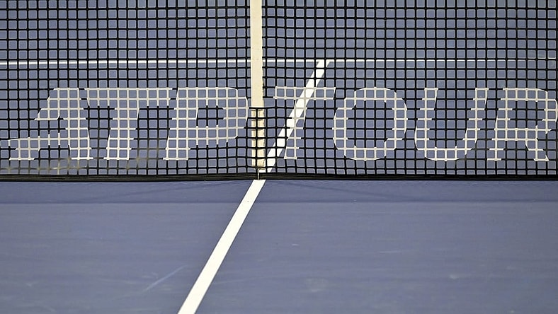 Aug 9, 2022; Montreal, QC, Canada; General view of the net and ATP Tour logo in first round play in the National Bank Open at IGA Stadium. Mandatory Credit: Eric Bolte-USA TODAY Sports