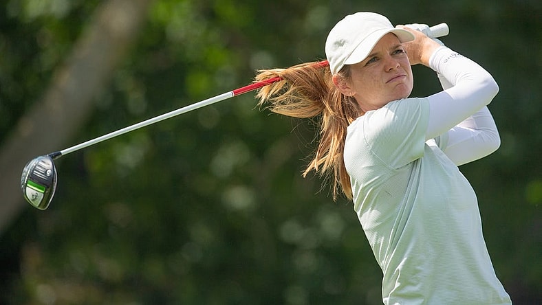 Aug 25, 2022; Ottawa, Ontario, CAN; Sarah Schmelzel from the United States tees off during the first round of the CP Women's Open golf tournament. Mandatory Credit: Marc DesRosiers-USA TODAY Sports