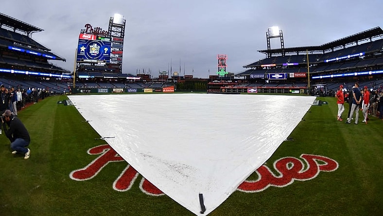 Oct 31, 2022; Philadelphia, PA, USA; The rain tarp is on the field at Citizens Bank Park. Mandatory Credit: Eric Hartline-USA TODAY Sports