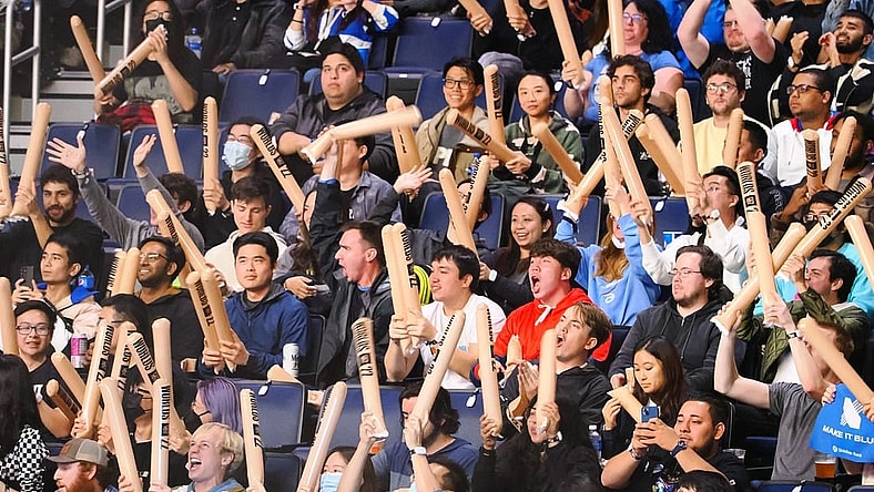 Nov 5, 2022; San Francisco, California, USA; Fans wave thunder sticks before the League of Legends World Championship at Chase Center. Mandatory Credit: Kelley L Cox-USA TODAY Sports