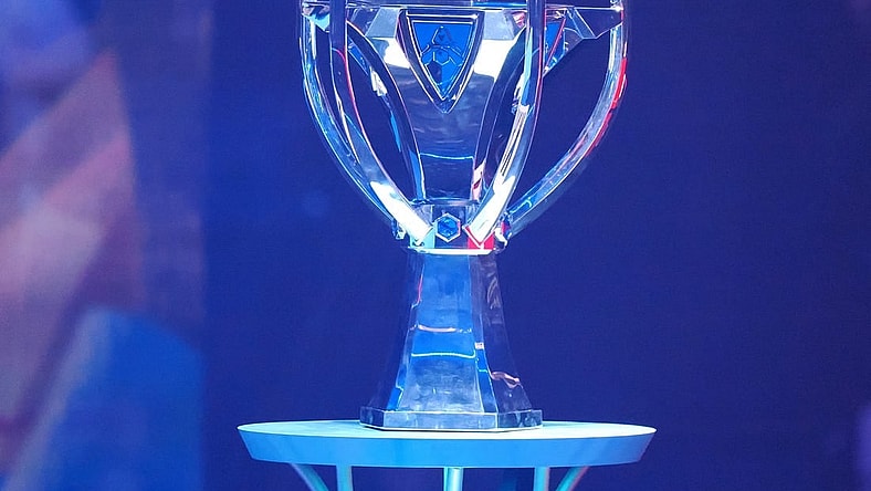 Nov 5, 2022; San Francisco, California, USA; The League of Legends World Championships trophy at Chase Center. Mandatory Credit: Kelley L Cox-USA TODAY Sports