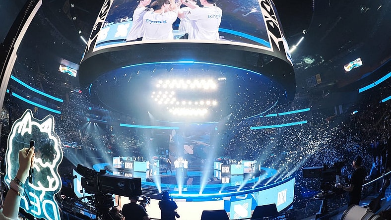 Nov 5, 2022; San Francisco, California, USA; DRX players hold up the Summoner's Cup Worlds 2022 trophy after the win against T1 in the League of Legends World Championships at Chase Center. Mandatory Credit: Kelley L Cox-USA TODAY Sports
