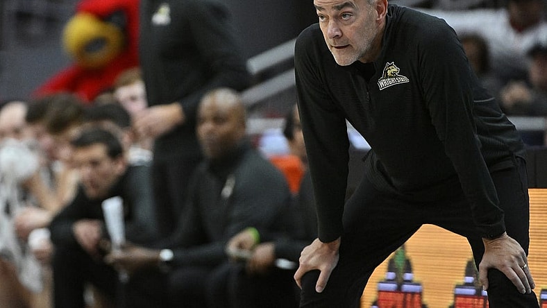 Nov 12, 2022; Louisville, Kentucky, USA;  Wright State Raiders head coach Scott Nagy watches from the sideline during the second half against the Louisville Cardinals at KFC Yum! Center. Wright State defeated Louisville 73-72. Mandatory Credit: Jamie Rhodes-USA TODAY Sports