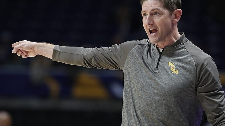 Nov 25, 2022; Pittsburgh, Pennsylvania, USA; William & Mary Tribe head coach Dane Fischer reacts on the sideline against the Pittsburgh Panthers during the second half at Petersen Events Center. Mandatory Credit: Charles LeClaire-USA TODAY Sports