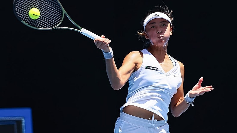Jan 16, 2023; Melbourne, VICTORIA, Australia; Yue Yuan (China) returns the ball against Maria Sakkari (Greece) (not pictured) at Melbourne Park. Mandatory Credit: Mike Frey-USA TODAY Sports