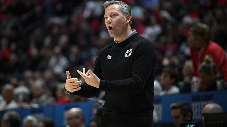Jan 25, 2023; San Diego, California, USA; Utah State Aggies head coach Ryan Odom gestures from the sideline during the first half against the San Diego State Aztecs at Viejas Arena. Mandatory Credit: Orlando Ramirez-USA TODAY Sports