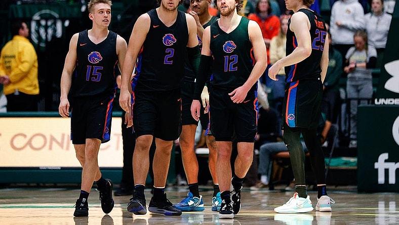 Boise State Broncos guard Jace Whiting (15), forward Tyson Degenhart (2) and guard Max Rice (12) and center Lukas Milner (25) in the second half against the Colorado State Rams at Moby Arena. Mandatory Credit: Isaiah J. Downing-USA TODAY Sports