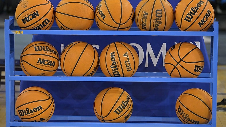 Feb 16, 2023; Los Angeles, California, USA; General view of NCAA Pac 12 basketballs on the court at Pauley Pavilion presented by Wescom. Mandatory Credit: Jayne Kamin-Oncea-USA TODAY Sports