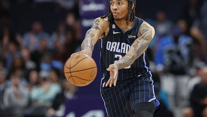 Mar 3, 2023; Charlotte, North Carolina, USA; Orlando Magic guard Markelle Fultz (20) passes against the Charlotte Hornets during the first half at Spectrum Center. Mandatory Credit: Nell Redmond-USA TODAY Sports