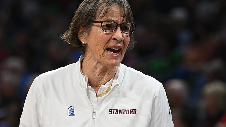 Mar 3, 2023; Las Vegas, NV, USA; Stanford Cardinal head coach Tara VanDerveer in the third quarter against the UCLA Bruins at Michelob Arena. Mandatory Credit: Candice Ward-USA TODAY Sports