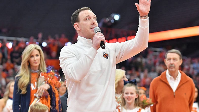 Mar 4, 2023; Syracuse, New York, USA; Syracuse Orange former player Gerry McNamara speaks to the crowd during a ceremony to retire his number at JMA Wireless Dome. Mandatory Credit: Mark Konezny-USA TODAY Sports