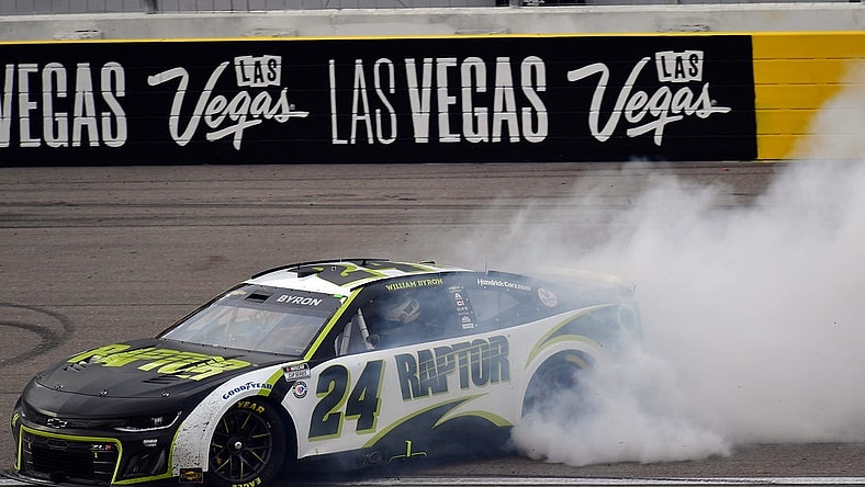Mar 5, 2023; Las Vegas, Nevada, USA; NASCAR Cup Series driver William Byron (24) celebrates his victory of the Pennzoil 400 at Las Vegas Motor Speedway. Mandatory Credit: Gary A. Vasquez-USA TODAY Sports