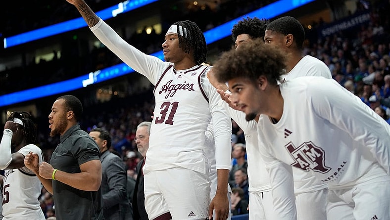 Texas A&M forward Javonte Brown (31) reacts on the bench after a teammate was fouled by an Arkansas player during the second half of a quarterfinal SEC Men s Basketball Tournament game at Bridgestone Arena Friday, March 10, 2023, in Nashville, Tenn.
Sec Basketball Arkansas Vs Texas A M