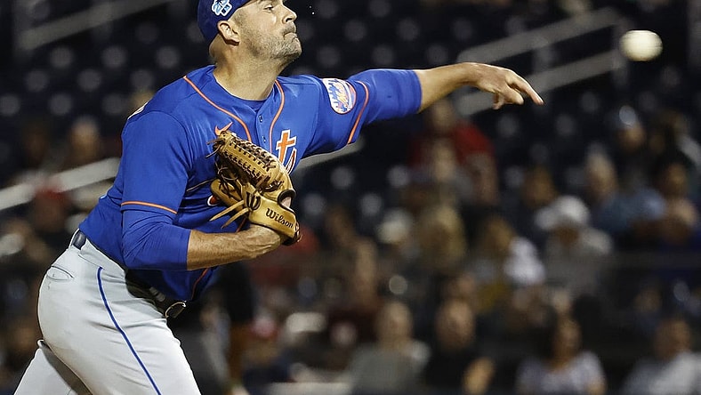 Mar 11, 2023; West Palm Beach, Florida, USA; New York Mets starting pitcher T.J. McFarland (44) pitches against the Washington Nationals in the second inning at The Ballpark of the Palm Beaches. Mandatory Credit: Rhona Wise-USA TODAY Sports