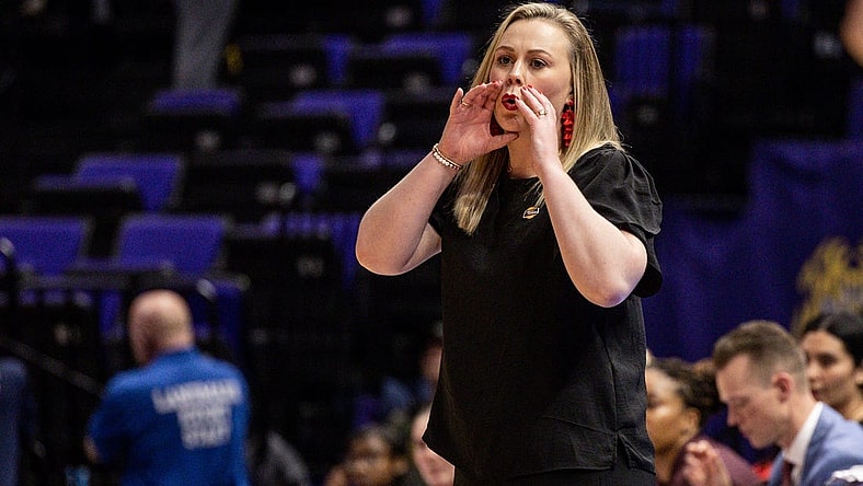 Mar 17, 2023; Baton Rouge, LA, USA;  UNLV Lady Rebels head coach Lindy La Rocque reacts to a play against the Michigan Wolverines during the second half at Pete Maravich Assembly Center. Mandatory Credit: Stephen Lew-USA TODAY Sports