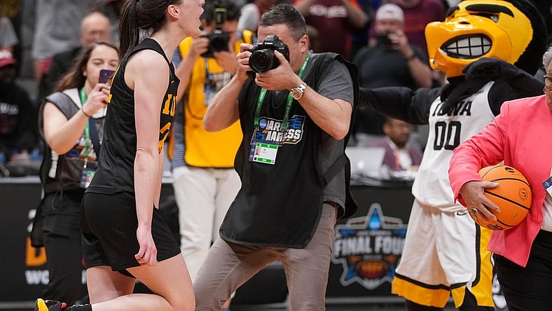 Iowa guard Caitlin Clark (22) celebrates a win over South Carolina during the 2023 NCAA Women's Final Four.