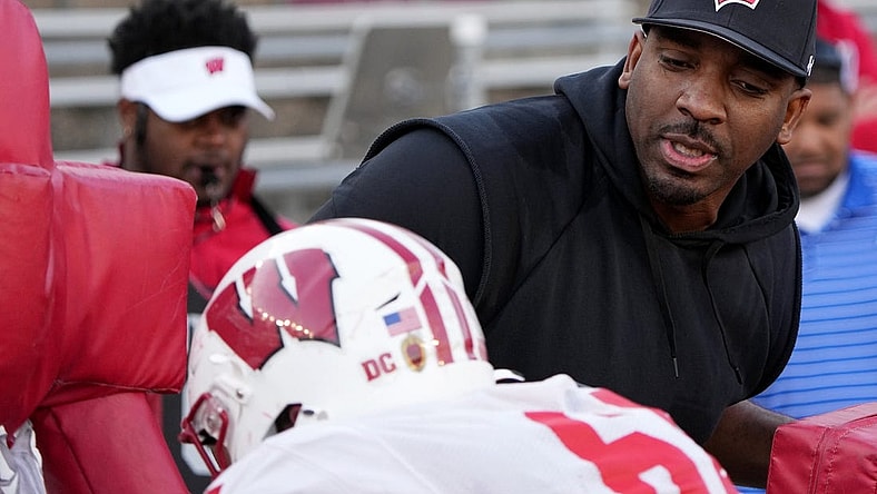 Apr 11, 2023; Madison, WI, USA; Wisconsin defensive line coach Greg Scruggs is shown during practice Tuesday, April 11, 2023 at Camp Randall Stadium in Madison, Wis. Mandatory Credit: Mark Hoffman-USA TODAY Sports