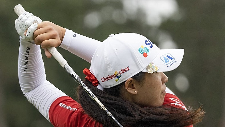 Apr 20, 2023; The Woodlands, Texas, USA; Pajaree Anannarukarn  (THA) drives from the fifth tee during the first round of The Chevron Championship golf tournament. Mandatory Credit: Thomas Shea-USA TODAY Sports