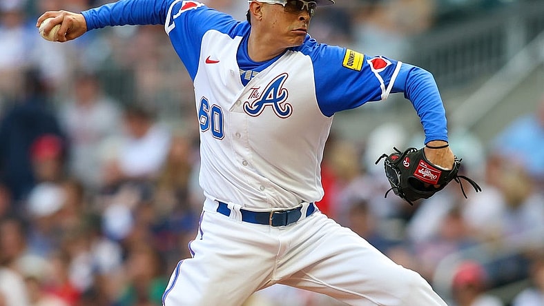 May 20, 2023; Atlanta, Georgia, USA; Atlanta Braves starting pitcher Jesse Chavez (60) throws against the Seattle Mariners in the first inning at Truist Park. Mandatory Credit: Brett Davis-USA TODAY Sports