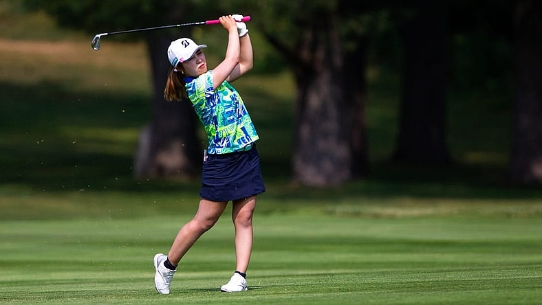 Ayaka Furue hits her ball to the green at hole 14 Saturday, June 17, 2023, at Blythefield Country Club in Belmont, MI.