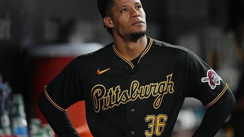 Jun 22, 2023; Miami, Florida, USA;  Pittsburgh Pirates relief pitcher Dauri Moreta (36) looks on after being taken out of the game against the Miami Marlins in the eighth inning at loanDepot Park. Mandatory Credit: Jim Rassol-USA TODAY Sports