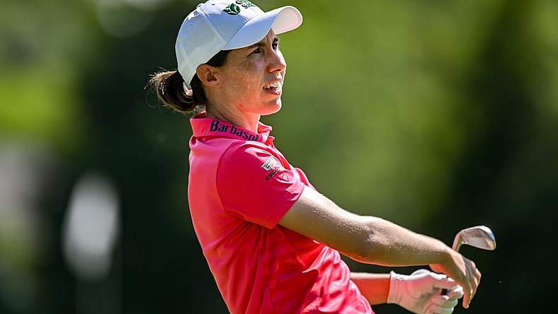 Jun 25, 2023; Springfield, New Jersey, USA; Carlota Ciganda tees off on the 4th hole during the final round of the KPMG Women's PGA Championship golf tournament. Mandatory Credit: John Jones-USA TODAY Sports