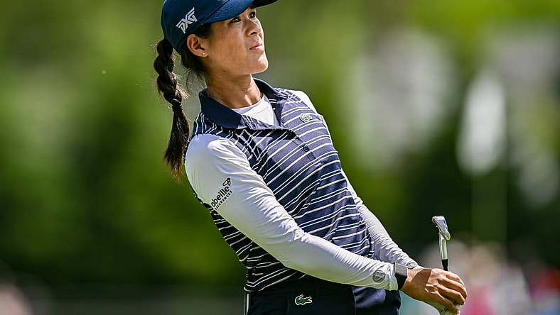 Jun 25, 2023; Springfield, New Jersey, USA; Celine Boutier tees off on the 4th hole during the final round of the KPMG Women's PGA Championship golf tournament. Mandatory Credit: John Jones-USA TODAY Sports