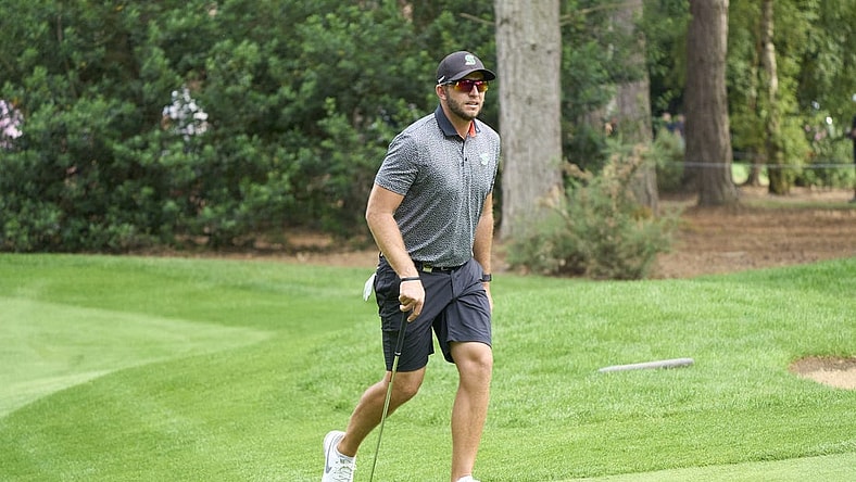 Jul 8, 2023; Hertfordshire, England, GBR; Dean Burmester (ZAF) approaches the 3rd green during the second round of the LIV Golf London golf tournament at Centurion Club. Mandatory Credit: Peter van den Berg-USA TODAY Sports