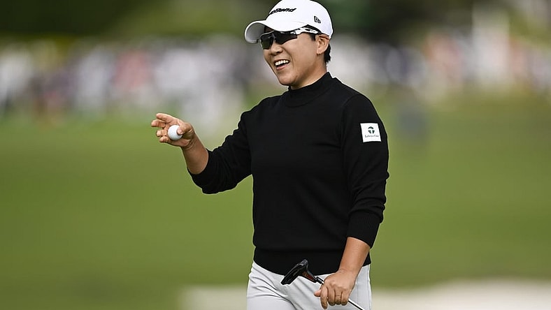 Jul 9, 2023; Pebble Beach, California, USA; Jiyai Shin reacts after her putt on the 18th hole during the final round of the U.S. Women's Open golf tournament at Pebble Beach Golf Links. Mandatory Credit: Kelvin Kuo-USA TODAY Sports
